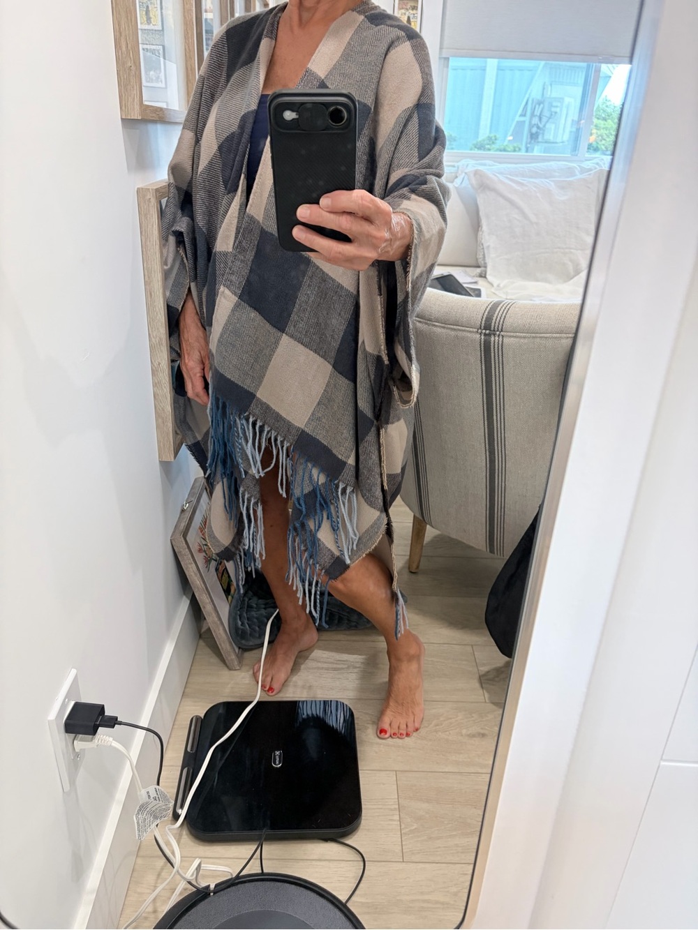 Poncho - Plaid Fringe Hooded Poncho - Beige & Navy one size fits all